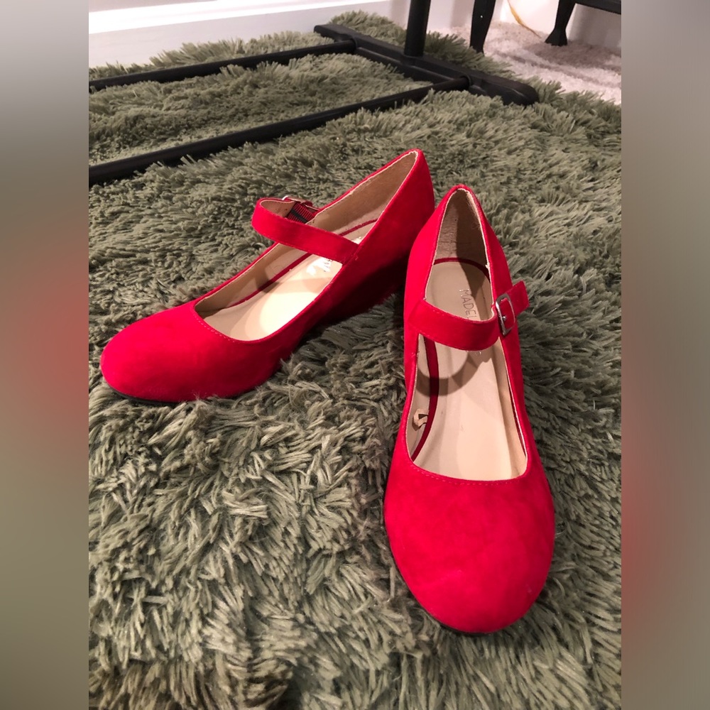 Red suede wedge heels